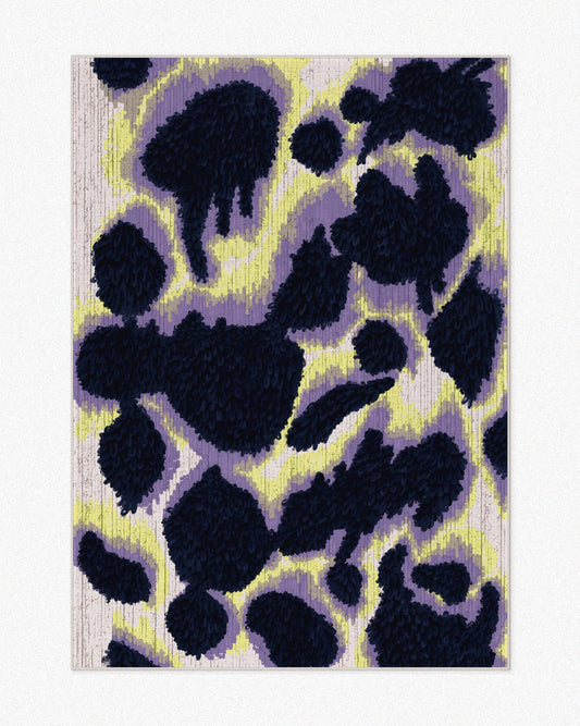 Abstract cowhide rug 5x7 ft, hand-painted animal print carpet in navy, purple, and yellow hues, set against a neutral background, an eclectic home decor item for dopamine decoration addicts apartment.