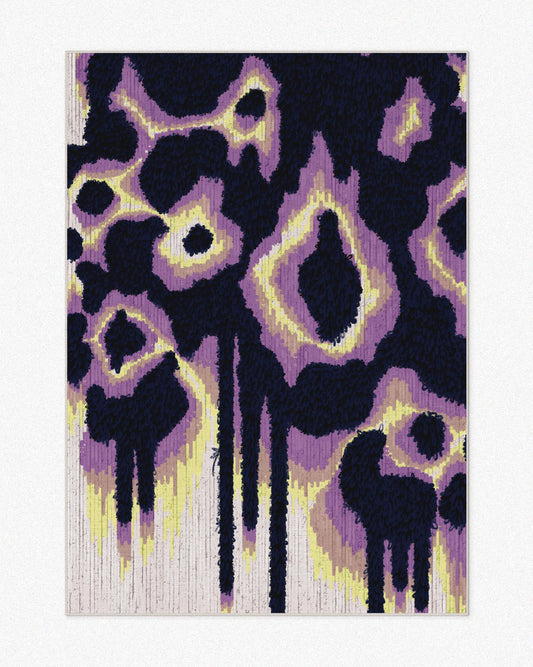Bold abstract animal print leopard rug 5x7 ft in aubergine purple, ivory, navy, and yellow hues, set against a neutral background, Eclectic home decor for a dopamine aesthetic apartment.