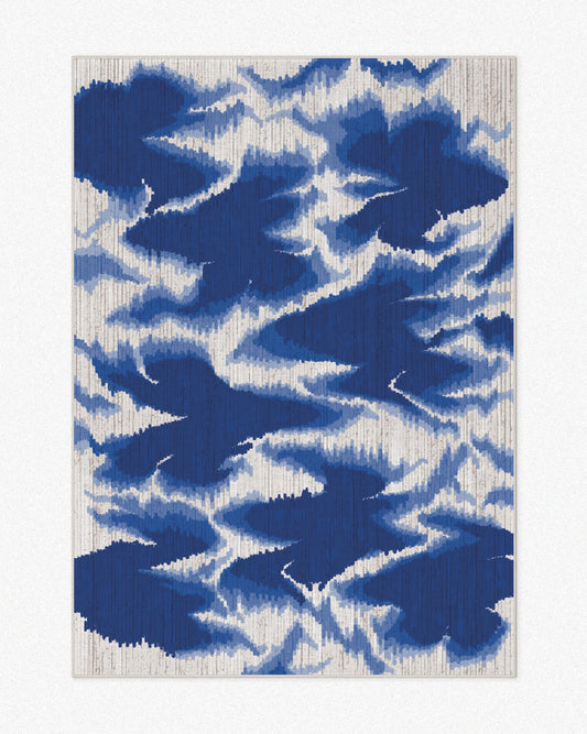 Mid century modern area rug 5x7 ft, featuring abstract fish patterns and hand painted aura design in off white and Klein blue hues, set against a light beige background. Perfect domain decor for a colorful living room.