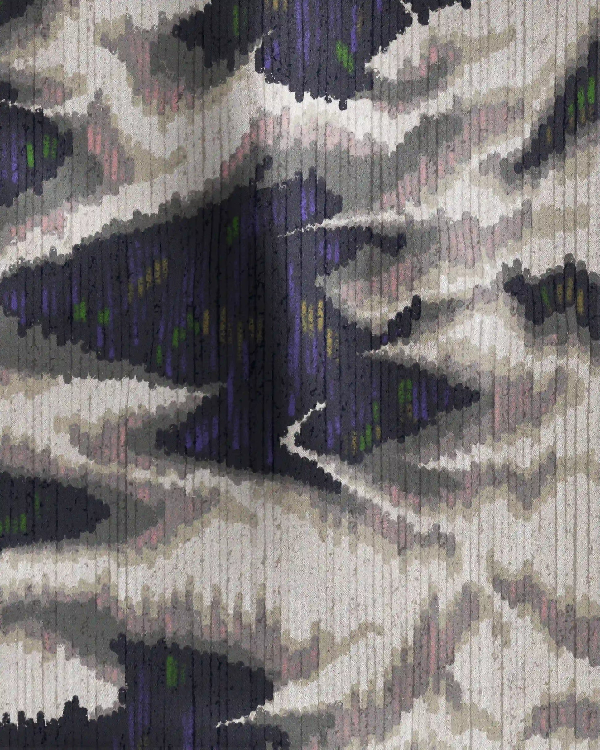 Close-up of an abstract fish and floral patterned in dark grey, off white and beige bandana, highlighting its quality as a dopamine statement accessory.