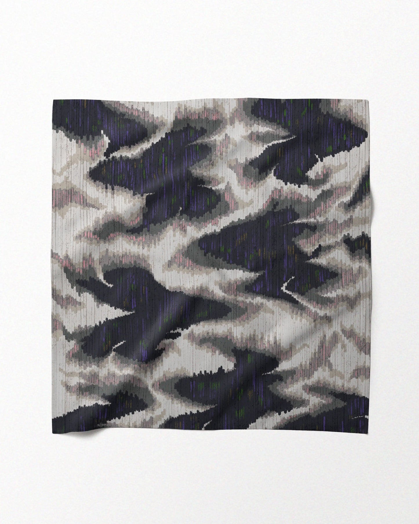 A designer bandana in an abstract fish and floral mix, showcasing its potential as a dopamine waist scarf, neckerchief or handkerchief.