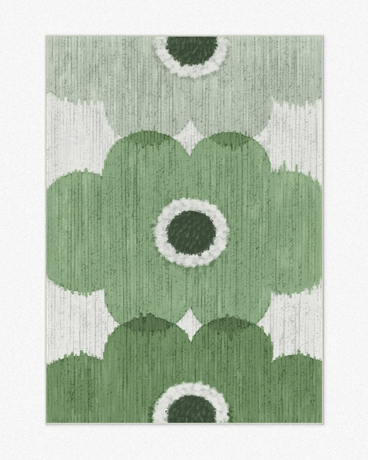 The sage green geometric rug 5x7 ft features 3 poppy flowers, floral designs set against a neutral background, highlighting its eclectic home decor aesthetic.