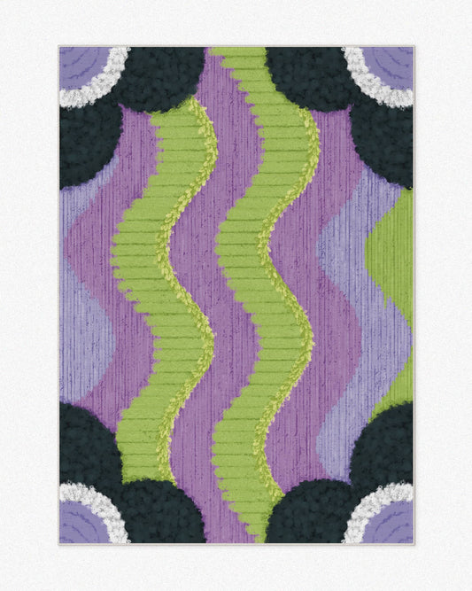 Contemporary, vivid area rugs 5x7 ft feature geometric, wavy designs in purple, navy, and green, set against a neutral beige background, highlighting their eclectic and playful aesthetic for a maximalist Memphis home and apartment.