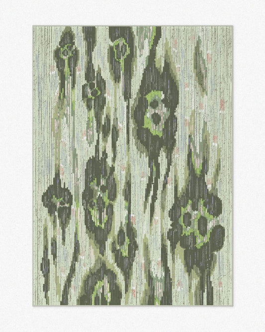 Aura area rug, 5x7 ft, featuring abstract leopard and floral patterns in pastel sage green hues set against a light beige background, highlighting its soft and dopamine aesthetic, making it a colorful addition to a playful living room.