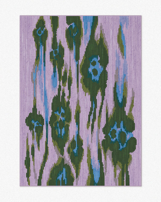Eclectic vibrant area rug 5x7 ft in purple, blue, and green with abstract leopard patterns, set against a neutral beige background, highlighting its eclectic aesthetic. Perfect dopamine home decor for collectors apartment.