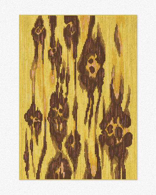 Floral area rug, 5x7 ft, featuring yellow and brown hues and an abstract leopard pattern set against a neutral beige background, which highlights its playful aesthetic for an eclectic living room.
