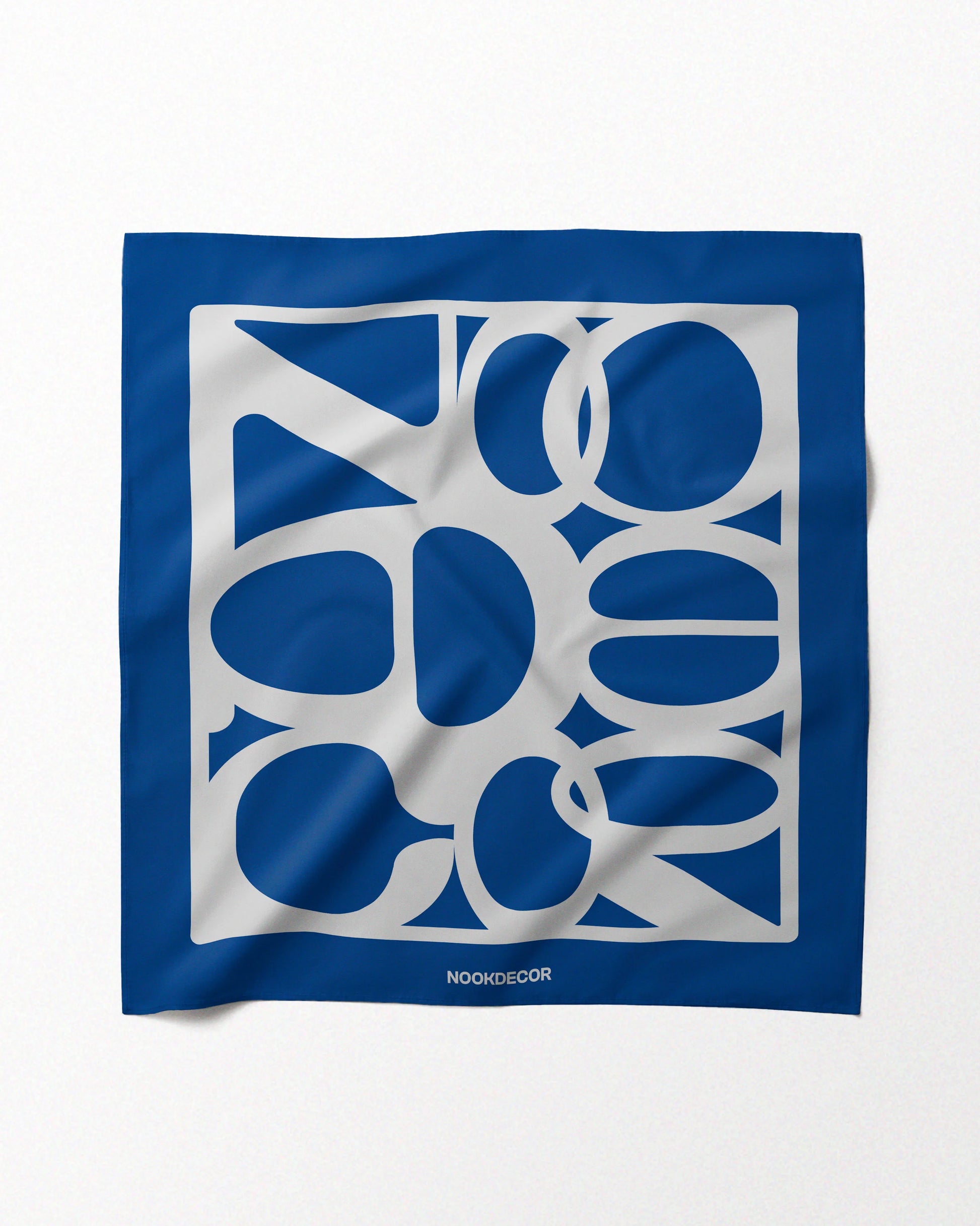 Eclectic handkerchief features Klein blue and white colorful design with NOOKDECOR's logo, with its 4-in-1 features, can also be fashionable twilly, bandana, waist scarf, and table placemat, 100% mulberry silk