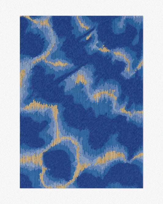 Mid century modern area rugs 5x7 with abstract aura design in Klein blue and sand beige hues set against a neutral background, highlighting its modern aesthetic.