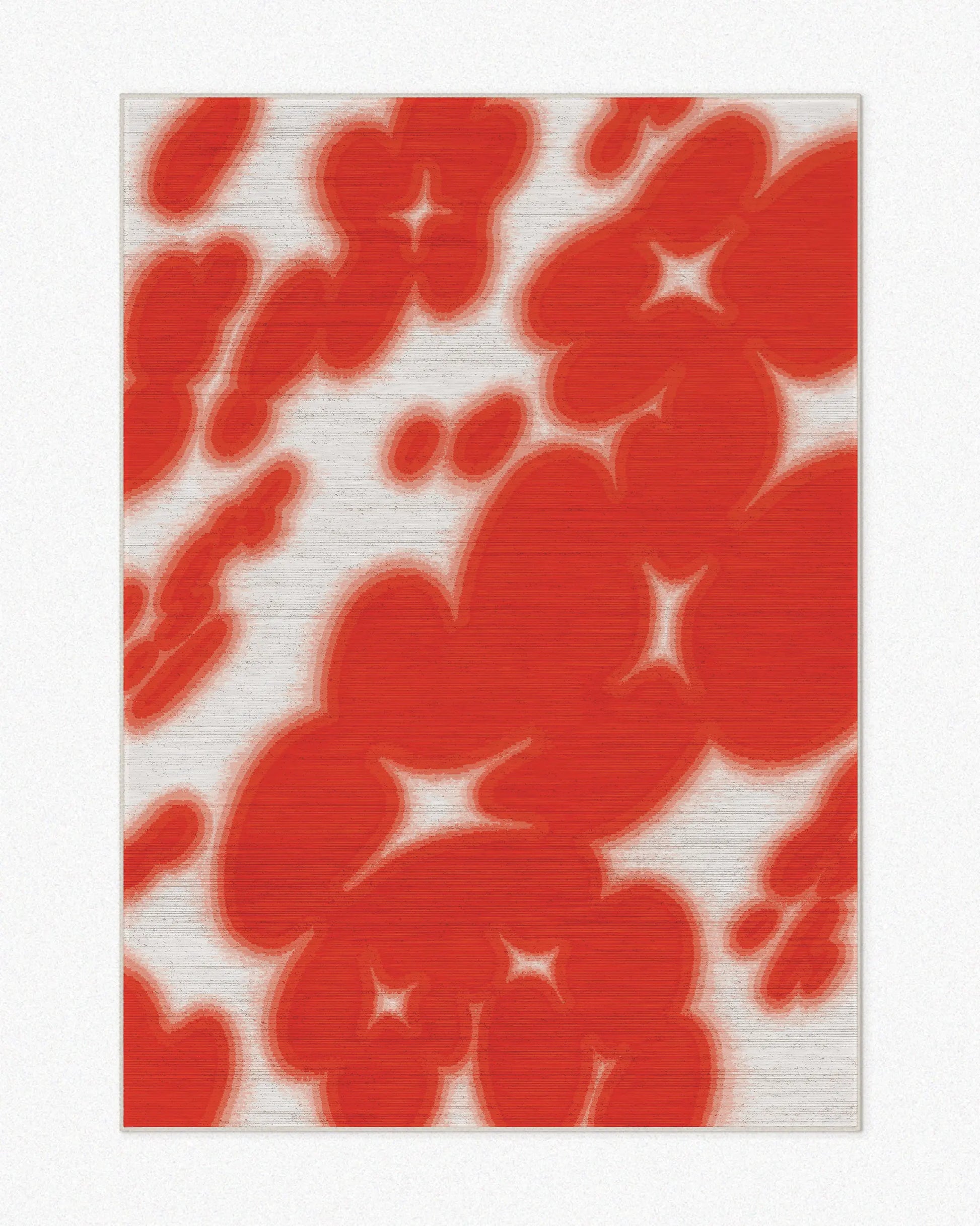 Abstract floral cowhide area rug, 5x7 ft, with red and off white hues set against a light beige background. Perfect playful and dopamine home decor, a fun, eclectic aesthetic decor item for a maximalist Memphis living room.