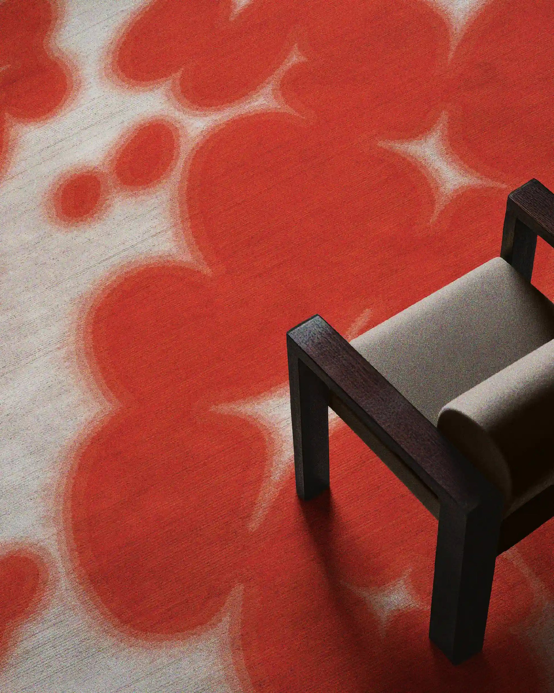 A large 9x12 ft red and off white floral cowhide aura area rug, featuring hand painted faux textile texture printed on the faux wool low pile area rug, with abstract animal print, a dopamine home decor items for a Memphis aesthetic eclectic apartment.