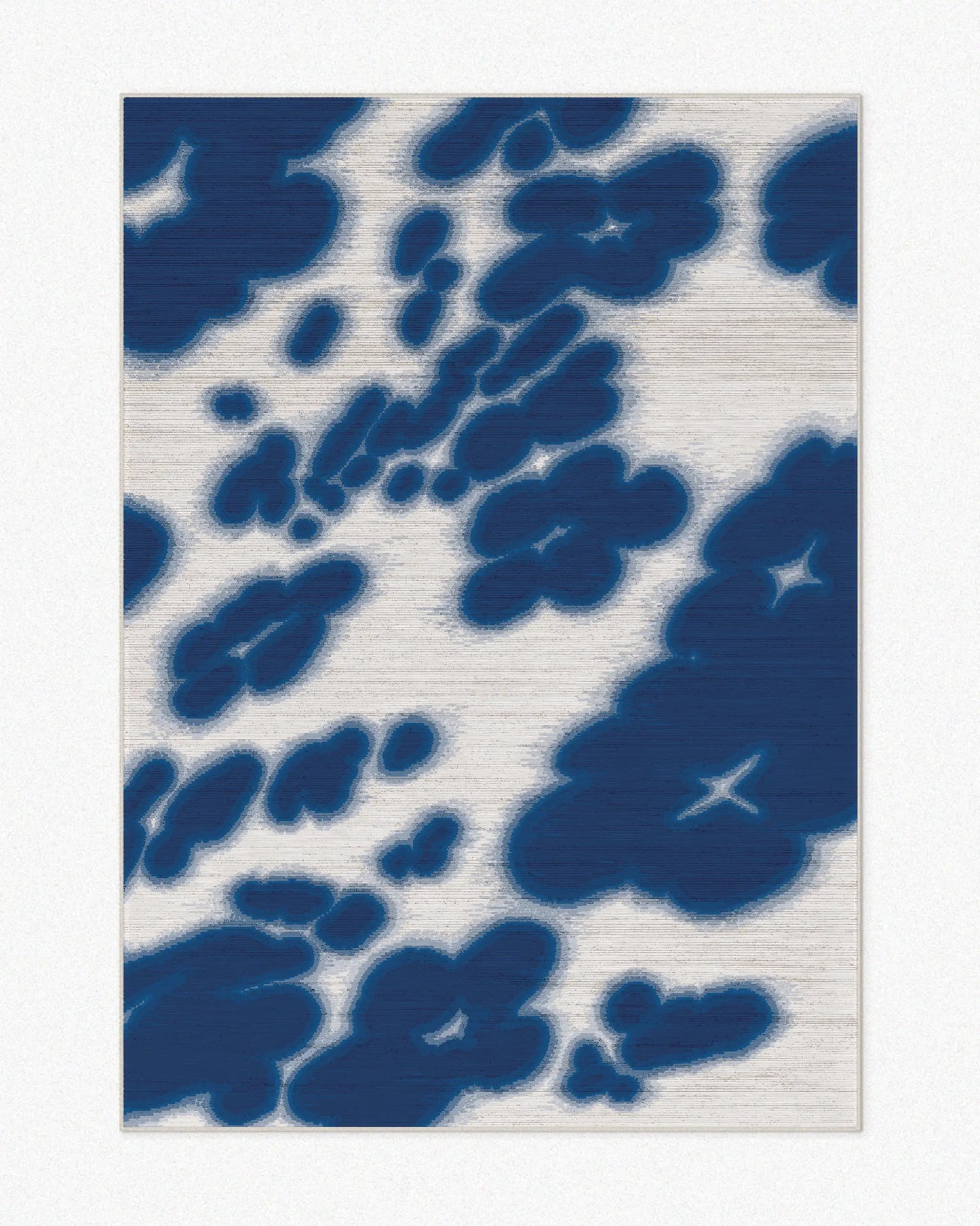 Abstract floral cowhide area rug, 5x7 ft, with Klein blue and off white hues set against a light beige background. Bold and vivid aesthetic. Perfect for a playful and dopamine home, a fun decor item for a maximalist  Memphis eclectic living room.