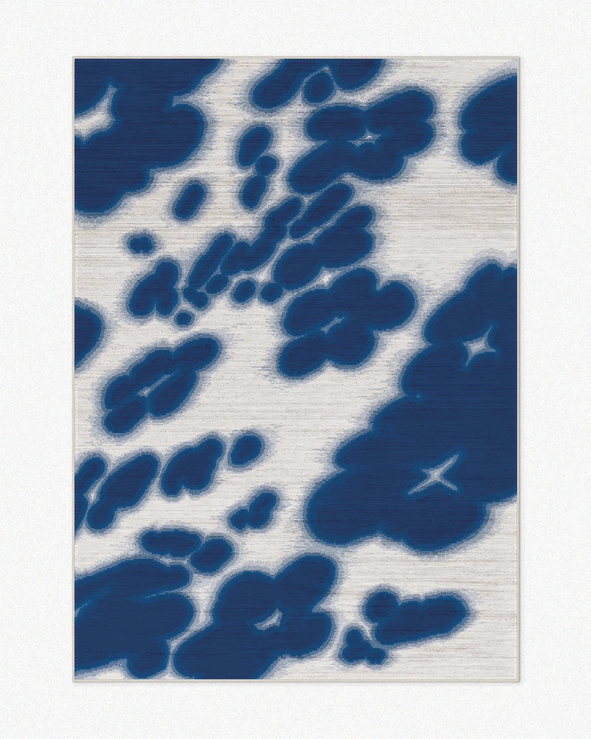 Abstract floral cowhide area rug, 5x7 ft, with Klein blue and off white hues set against a light beige background. Bold and vivid aesthetic. Perfect for a playful and dopamine home, a fun decor item for a maximalist  Memphis eclectic living room.