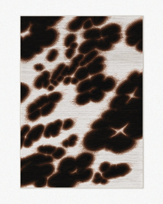 Abstract floral cowhide area rug, 5x7 ft, with dark brown and off white hues set against a light beige background. Bold and vivid aesthetic. Perfect for a playful and dopamine home, a fun decor item for a maximalist  Memphis eclectic living room.