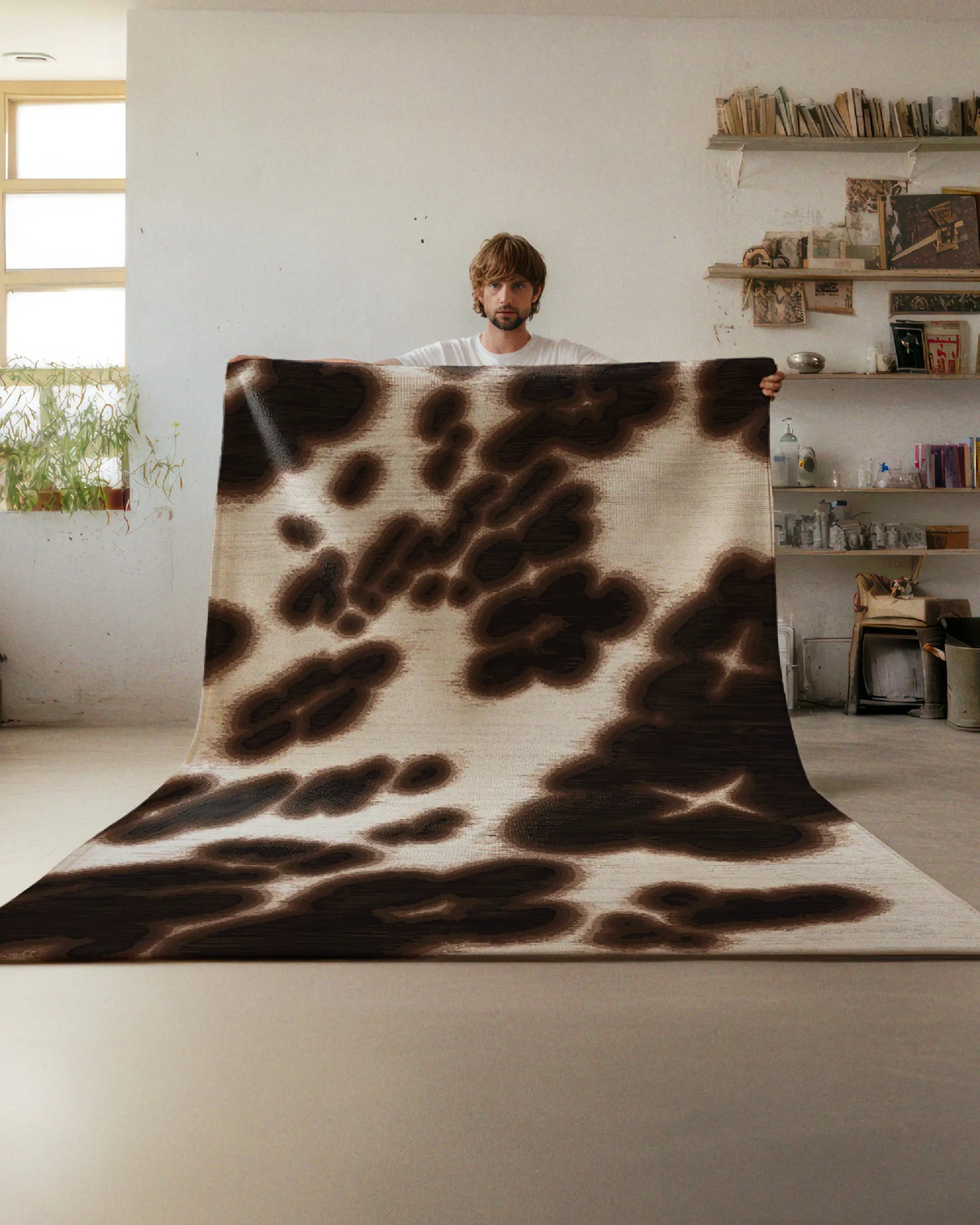 A person holding a dopamine decor item, a dark brown floral cowhide area rug with an abstract cowhide animal print pattern, stands in a cozy minimalist room with books and decor on shelves.