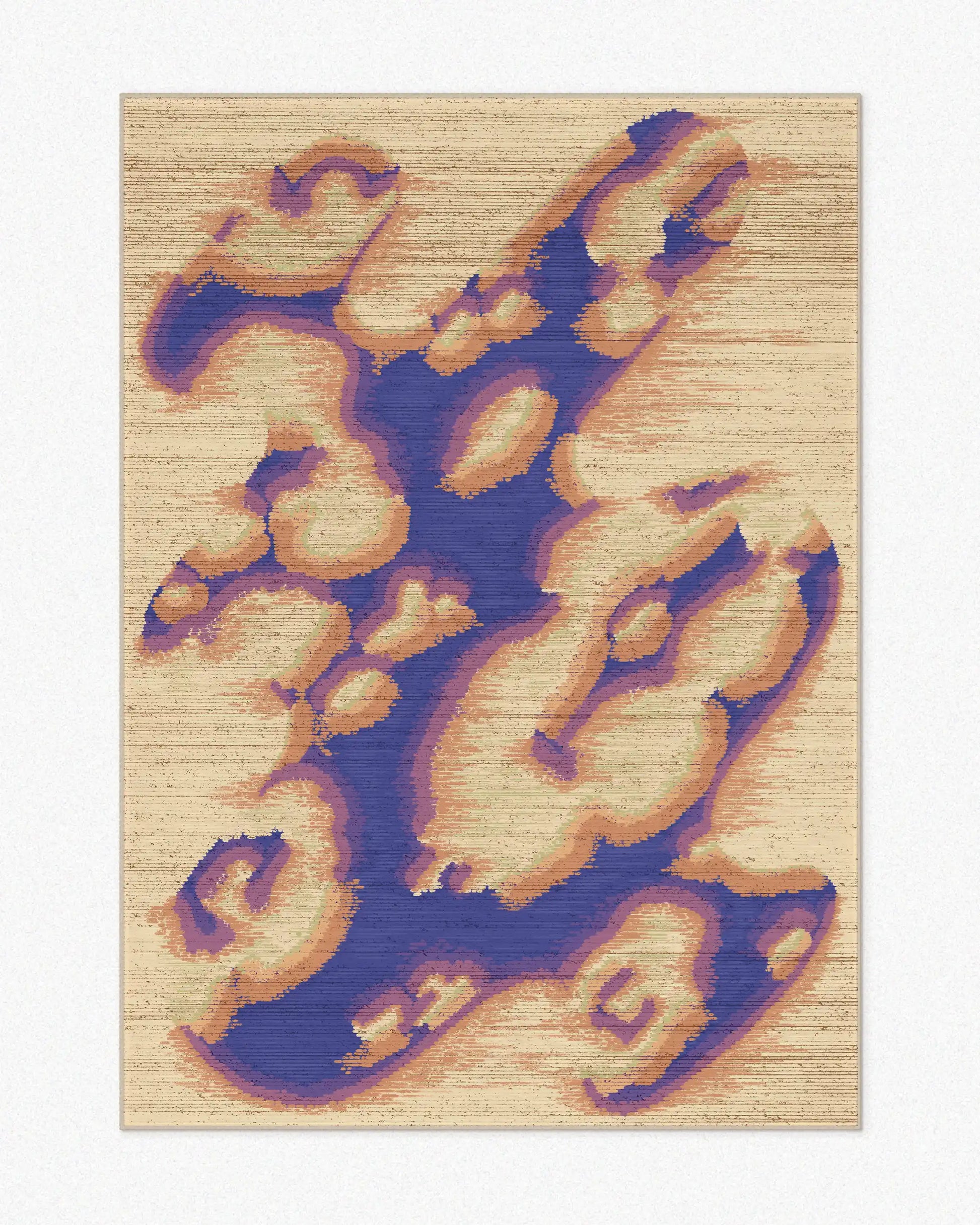 A dopamine abstract camouflage area rug, 5x7 ft, with purplish blue and creamy yellow hues set against a light beige background, highlighting its bold and aesthetic. Perfect for a playful, eclectic-boosting home decor in a Memphis eclectic living room.