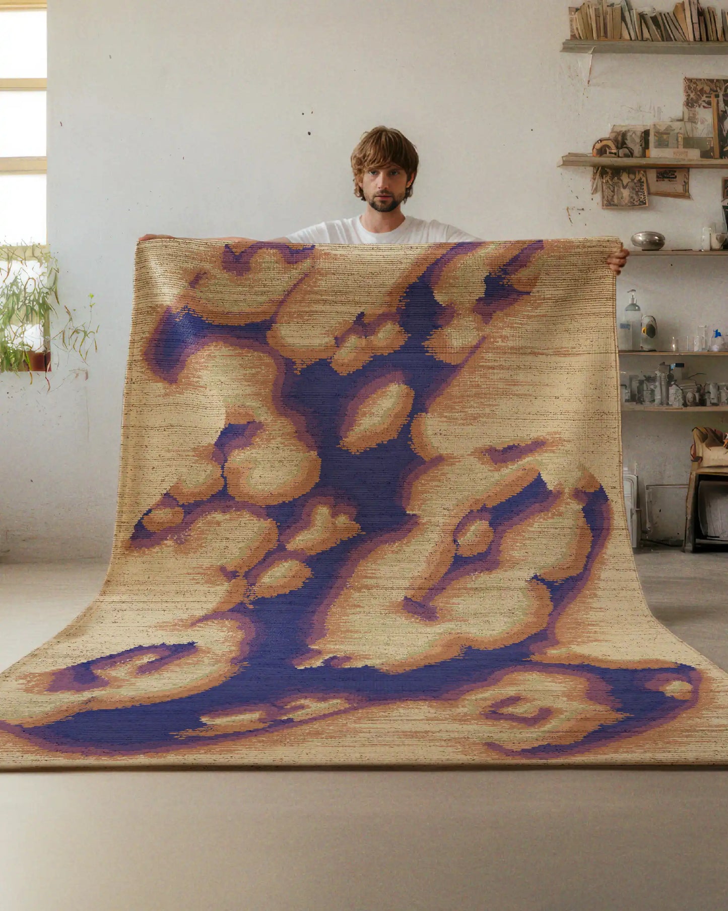 Man holding a dopamine abstract camouflage area rug, 5x7 ft, with purplish blue and creamy yellow hues, highlighting its bold and aesthetic. Perfect for a playful, eclectic-boosting home decor in a Memphis eclectic living room.