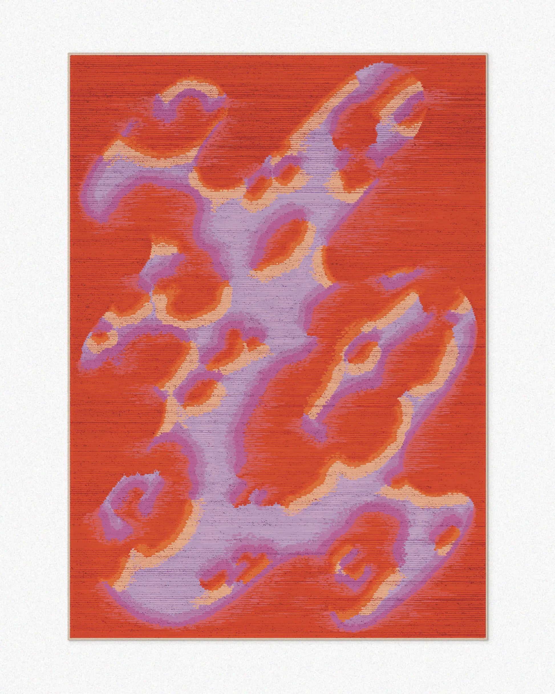 A dopamine abstract camouflage area rug, 5x7 ft, with orange, red and pastel purple hues set against a light beige background, highlighting its bold and aesthetic. Perfect for a playful, eclectic-boosting home decor in a Memphis eclectic living room.