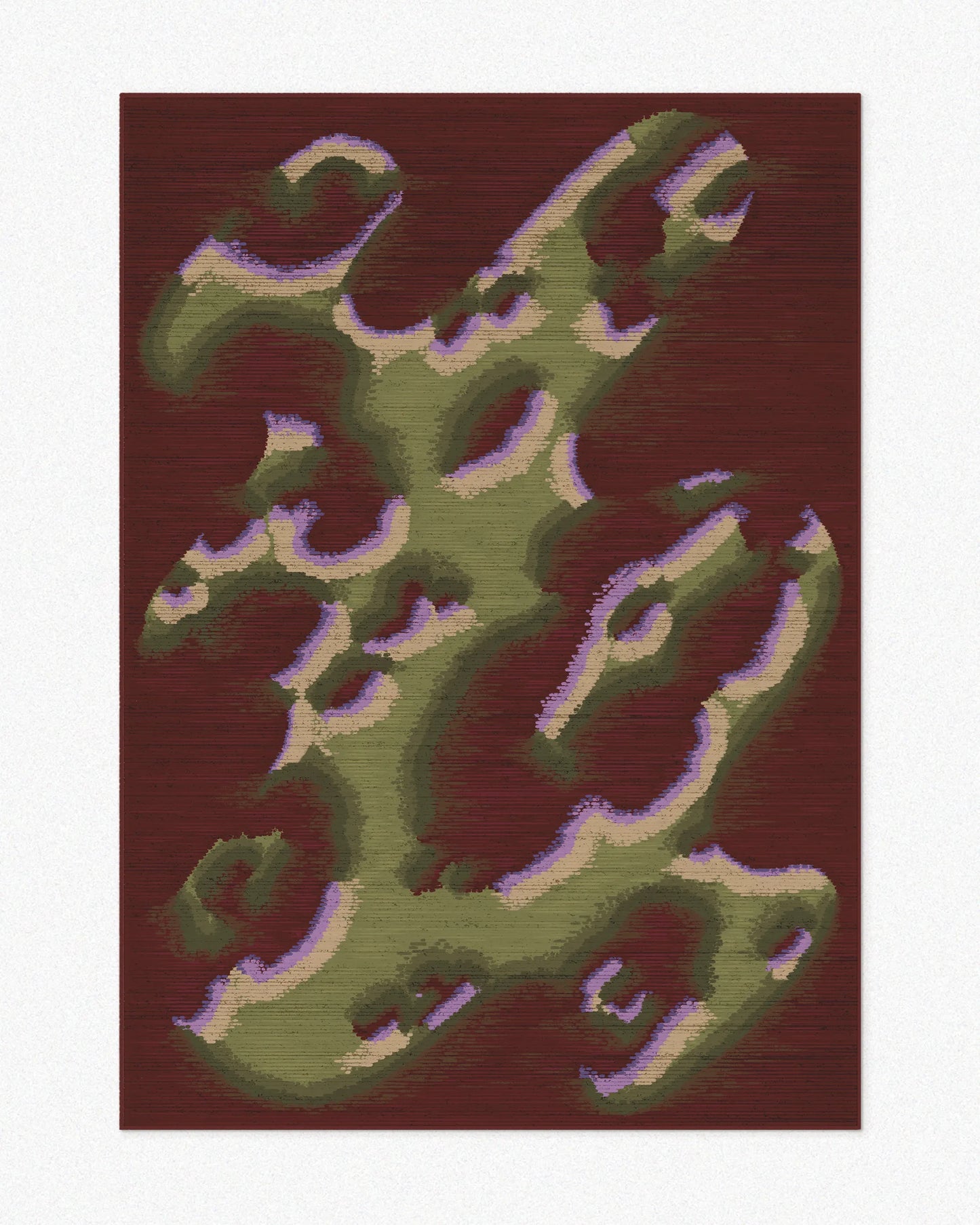 Dopamine abstract camouflage area rug, 5x7 ft, with burgundy and olive green hues set against a light beige background, highlighting its bold and aesthetic. Perfect for a playful, eclectic-boosting home decor in a Memphis eclectic living room.