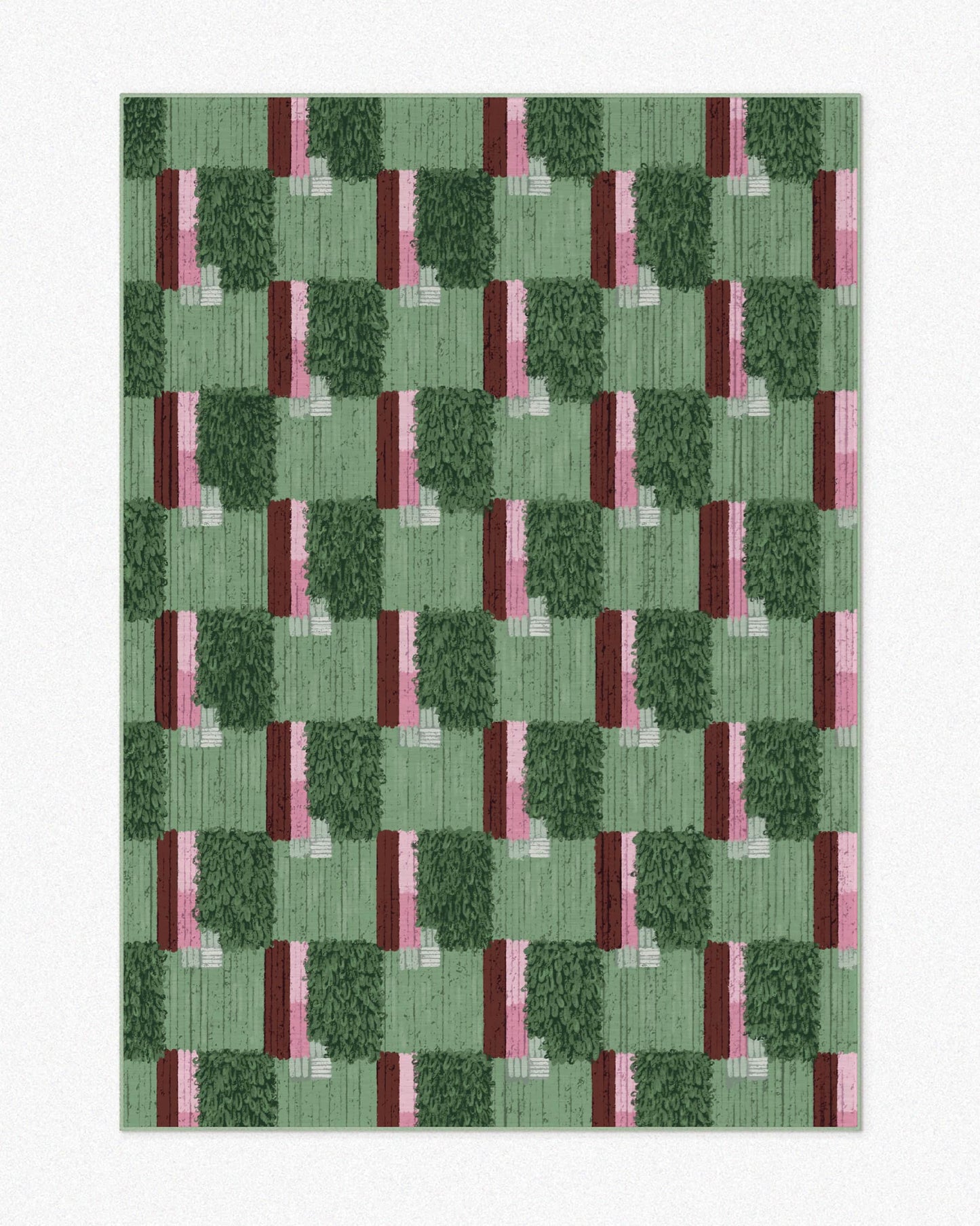 Sage green checkered area rug 5x7 ft, with burgundy and pink hues set against a neutral beige background, highlighting its eclectic aesthetic. The perfect dopamine-inducing home decor item for a maximalist apartment.