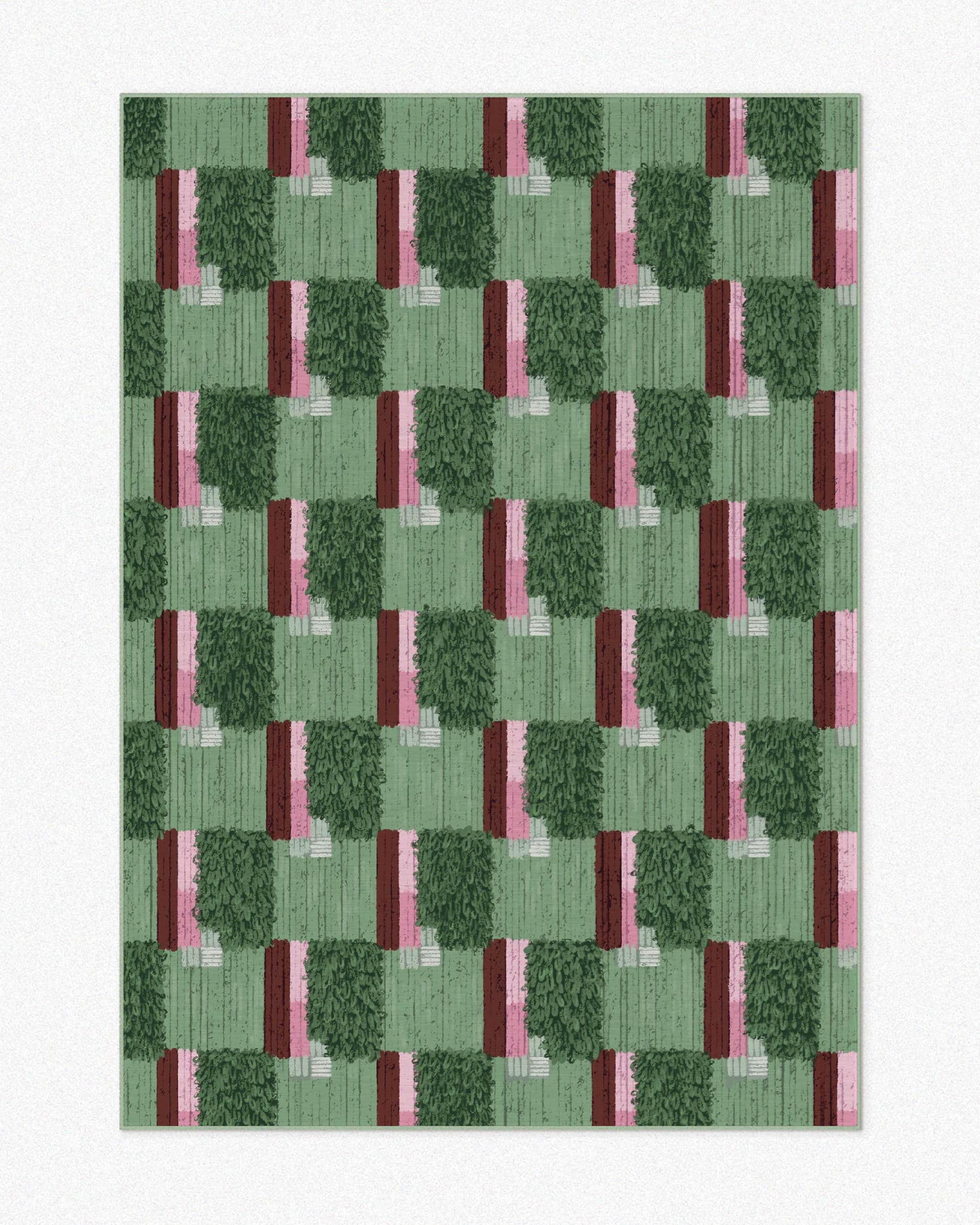 Sage green checkered area rug 5x7 ft, with burgundy and pink hues set against a neutral beige background, highlighting its eclectic aesthetic. The perfect dopamine-inducing home decor item for a maximalist apartment.