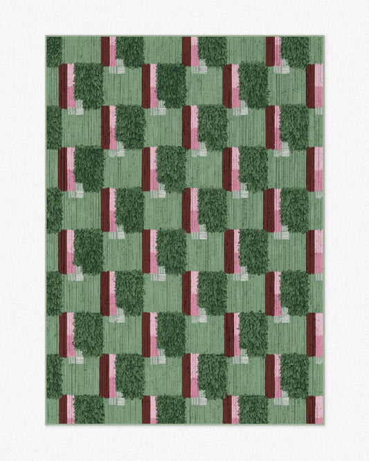 Sage green checkered area rug 5x7 ft, with burgundy and pink hues set against a neutral beige background, highlighting its eclectic aesthetic. The perfect dopamine-inducing home decor item for a maximalist apartment.