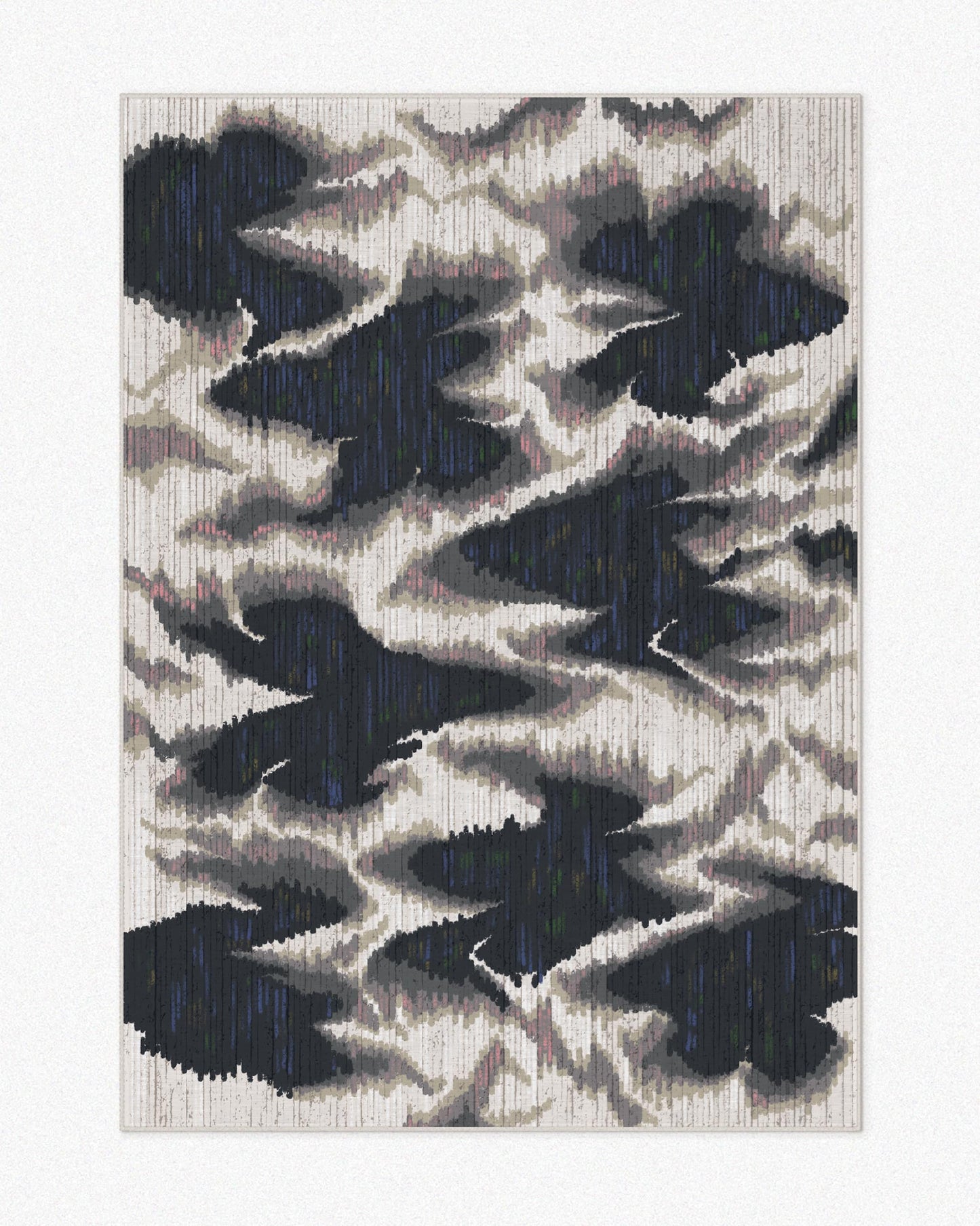 Scandinavian rug 5x7 ft featuring abstract fish patterns hand painted aura design in black, grey, and white, set against a light beige background. Highlighted its mid century modern vibe.