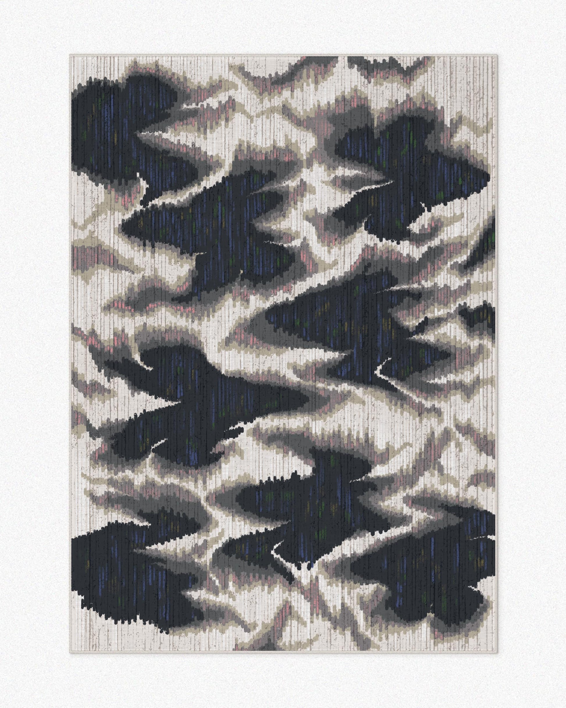 Scandinavian rug 5x7 ft featuring abstract fish patterns hand painted aura design in black, grey, and white, set against a light beige background. Highlighted its mid century modern vibe.