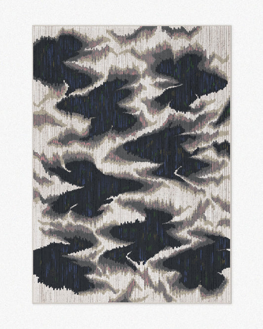 Scandinavian rug 5x7 ft featuring abstract fish patterns hand painted aura design in black, grey, and white, set against a light beige background. Highlighted its mid century modern vibe.