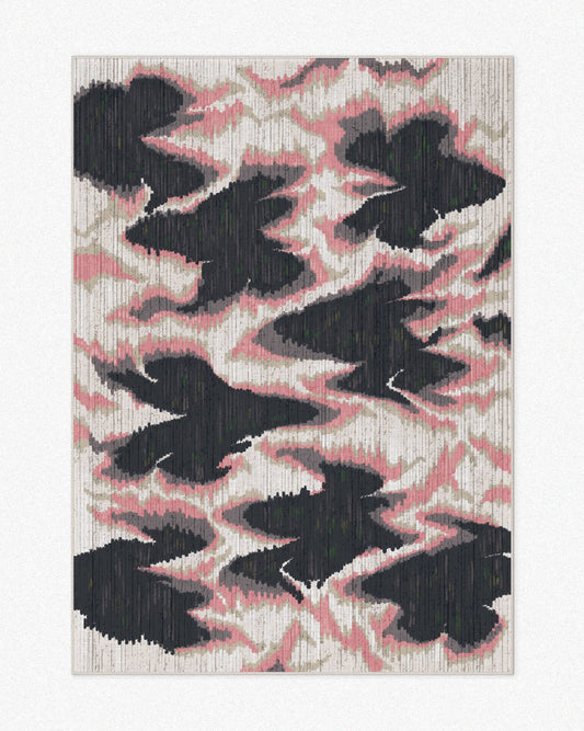 Eclectic colorful area rug 5x7 ft, in pink and grey aura and abstract fish patterns set against a light beige background, and highlighted with dopamine home decor for maximalist interior design.
