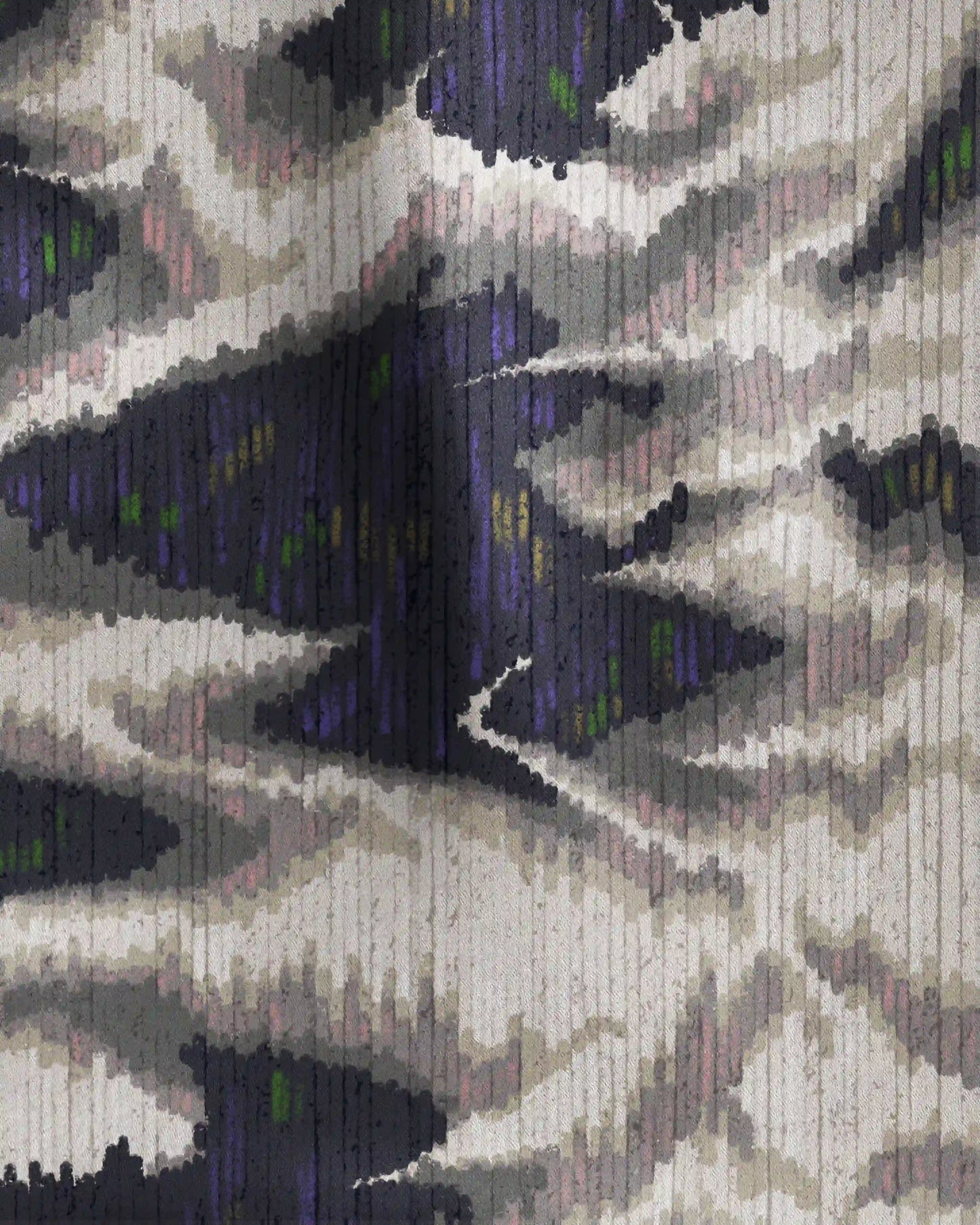 Close-up of an abstract fish and floral patterned in dark grey, off white and beige bandana, highlighting its quality as a dopamine statement accessory.