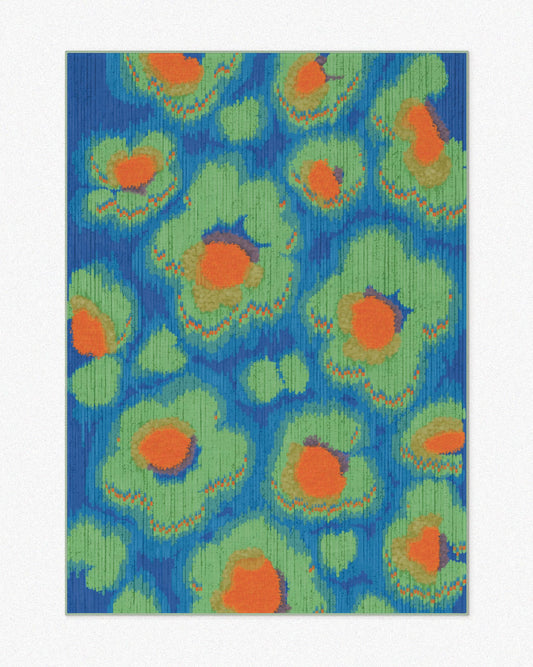 Floral area rugs, 5x7 ft, with cute floral designs in vivid hues of Klein blue, green, and orange, set against a neutral background. Perfect dopamine home decor for a maximalist living room and bedroom.