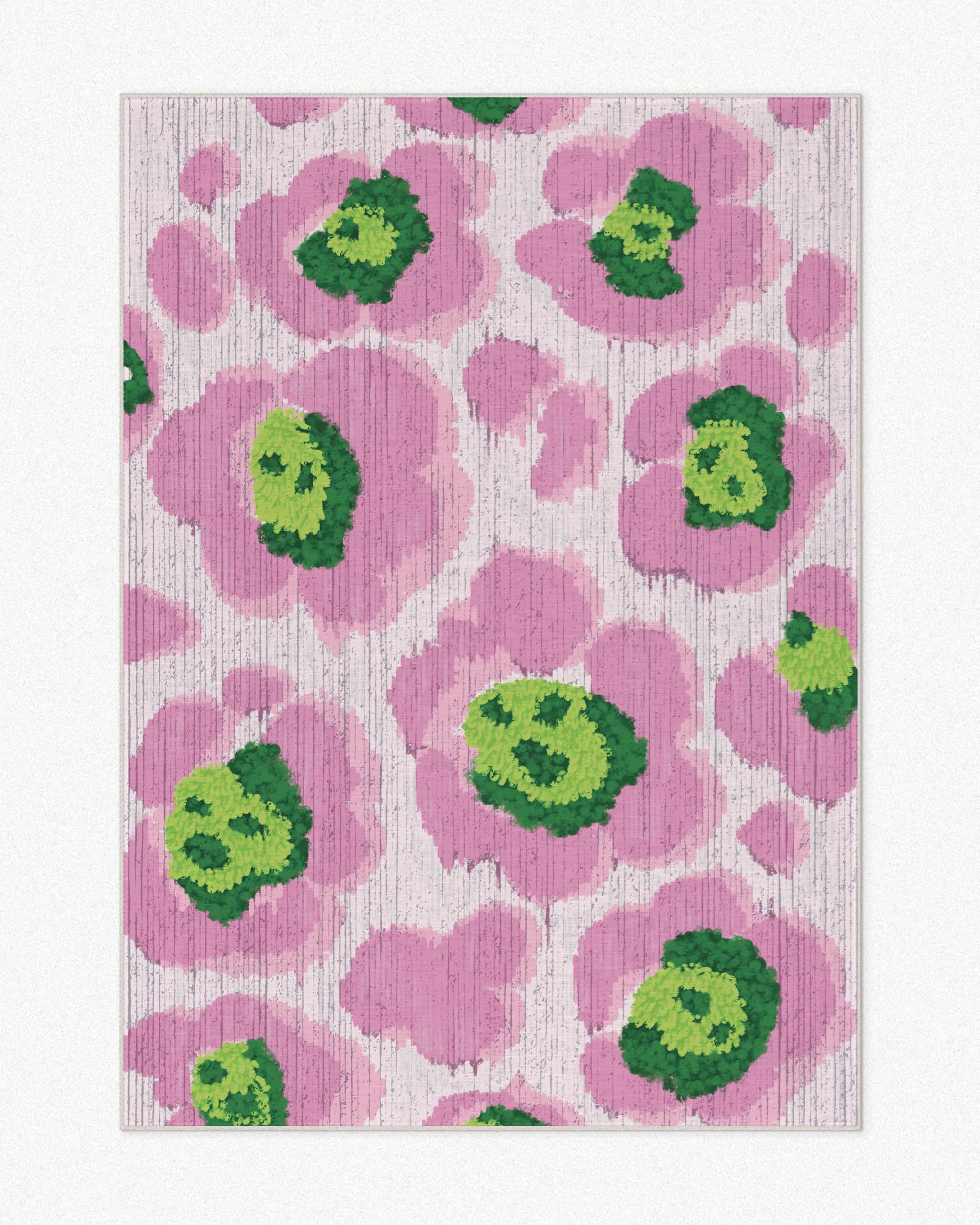 The dopamine decor, a product photo of a 5x7 ft floral area rug with cute leopard patterns in pink and green hues set against a neutral background, highlights its eclectic aesthetic.
