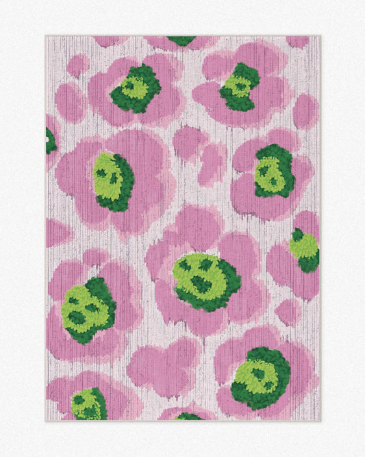 The dopamine decor, a product photo of a 5x7 ft floral area rug with cute leopard patterns in pink and green hues set against a neutral background, highlights its eclectic aesthetic.