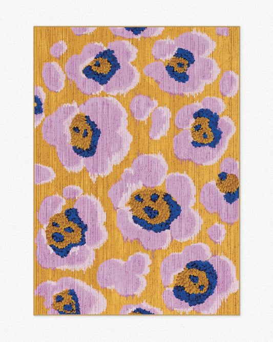 The modern eclectic home decor for a maximalist space showcases a 5x7 ft floral area rug in purple, navy, and yellow abstract leopard patterns set against a neutral background. Perfect playful and funky touch for a dopamine living room.