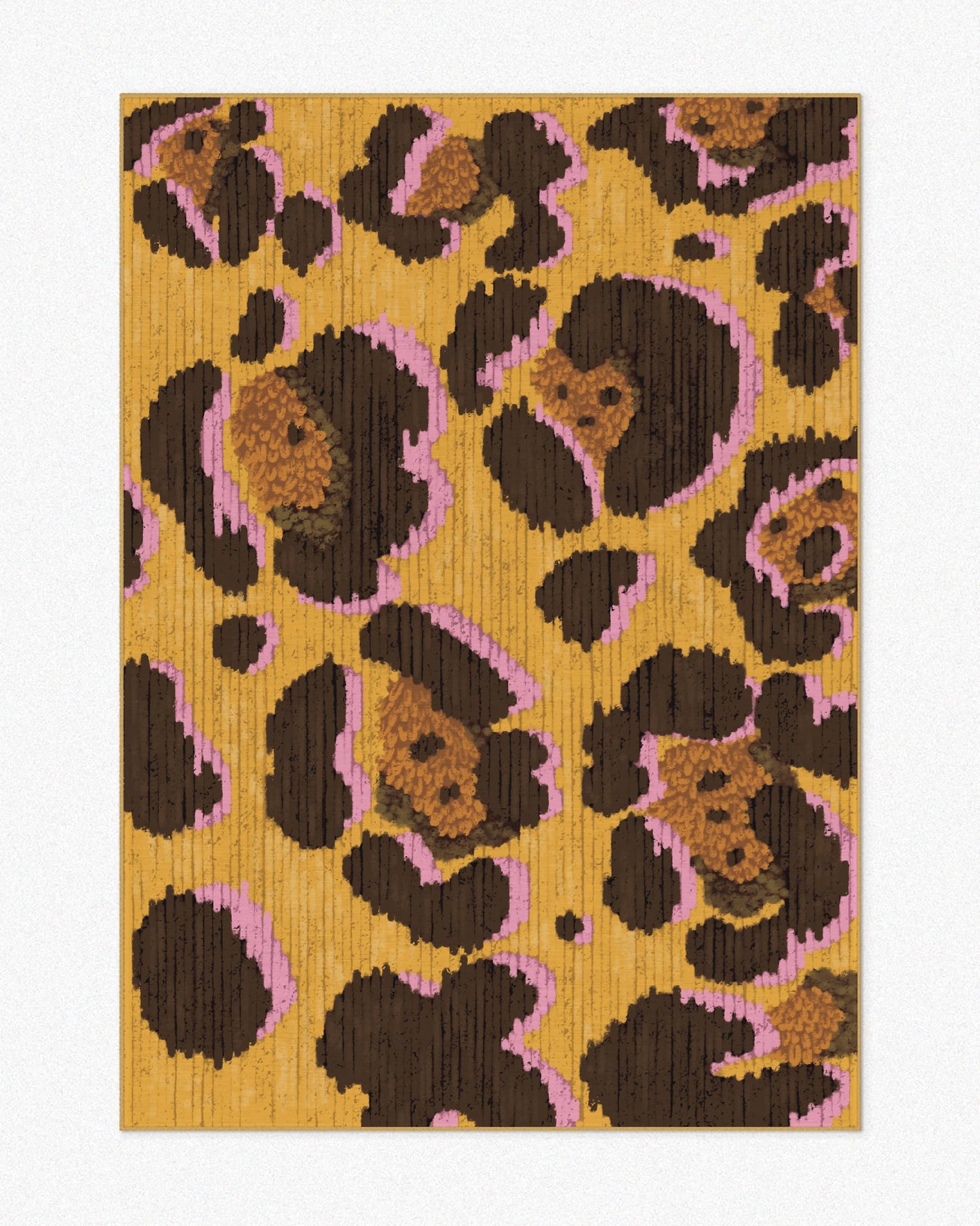 Retro 70s colorful area rug, 5x7 ft, features floral leopard patterns in yellow, pink, and brown, set against a neutral background. Perfect eclectic home decor for a dopamine and Memphis aesthetic apartment.