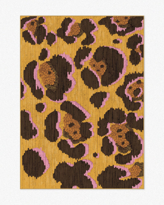 Retro 70s colorful area rug, 5x7 ft, features floral leopard patterns in yellow, pink, and brown, set against a neutral background. Perfect eclectic home decor for a dopamine and Memphis aesthetic apartment.