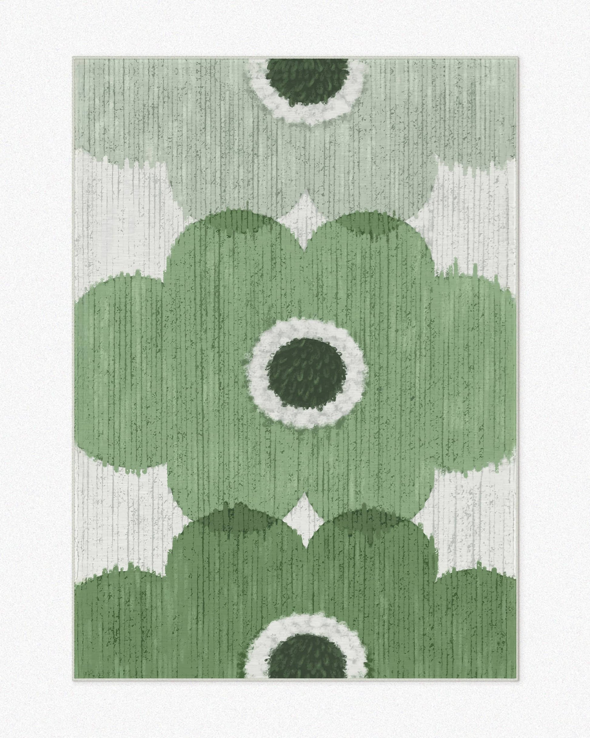 The sage green geometric rug 5x7 ft features 3 poppy flowers, floral designs set against a neutral background, highlighting its eclectic home decor aesthetic.