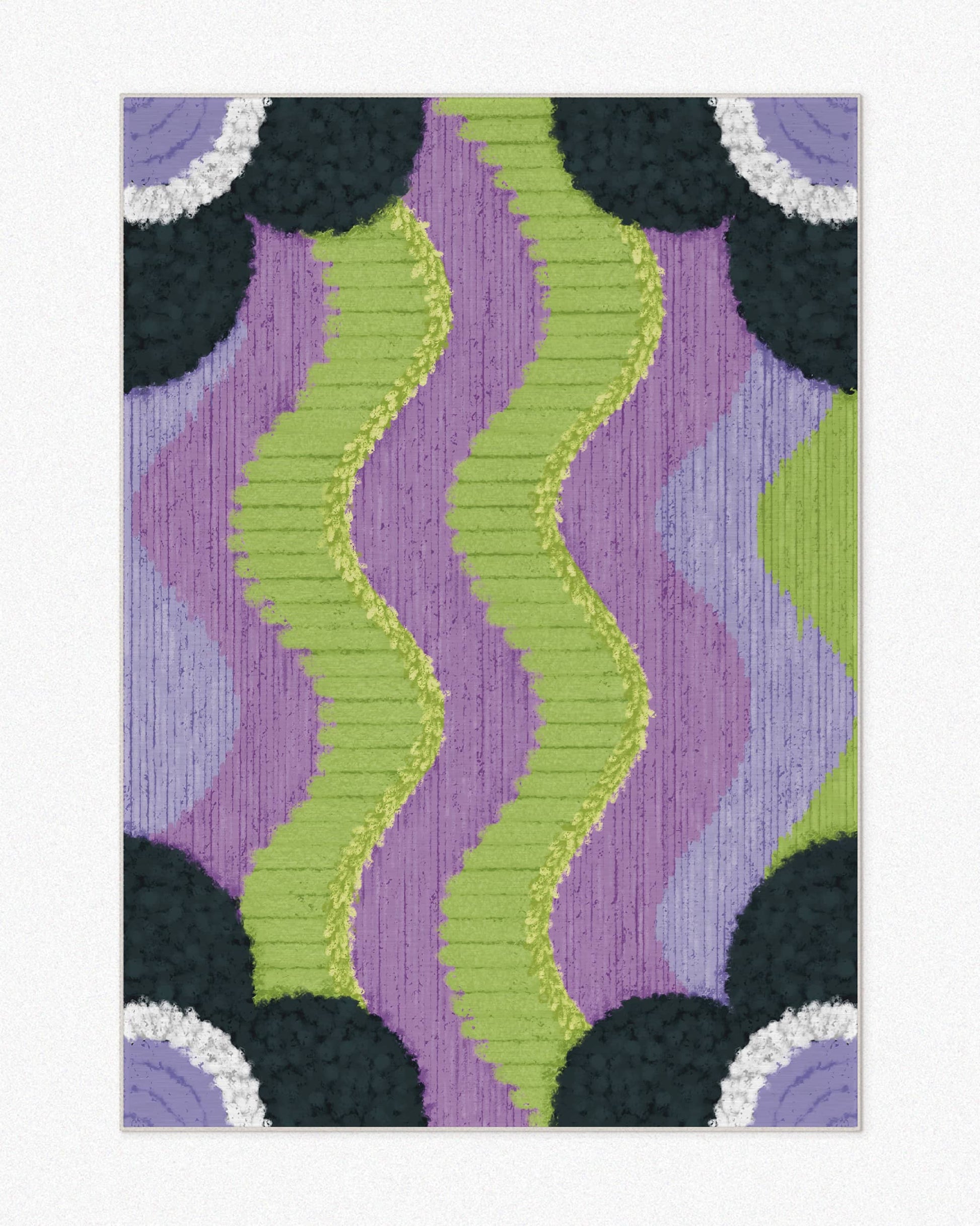 Contemporary, vivid area rugs 5x7 ft feature geometric, wavy designs in purple, navy, and green, set against a neutral beige background, highlighting their eclectic and playful aesthetic for a maximalist Memphis home and apartment.