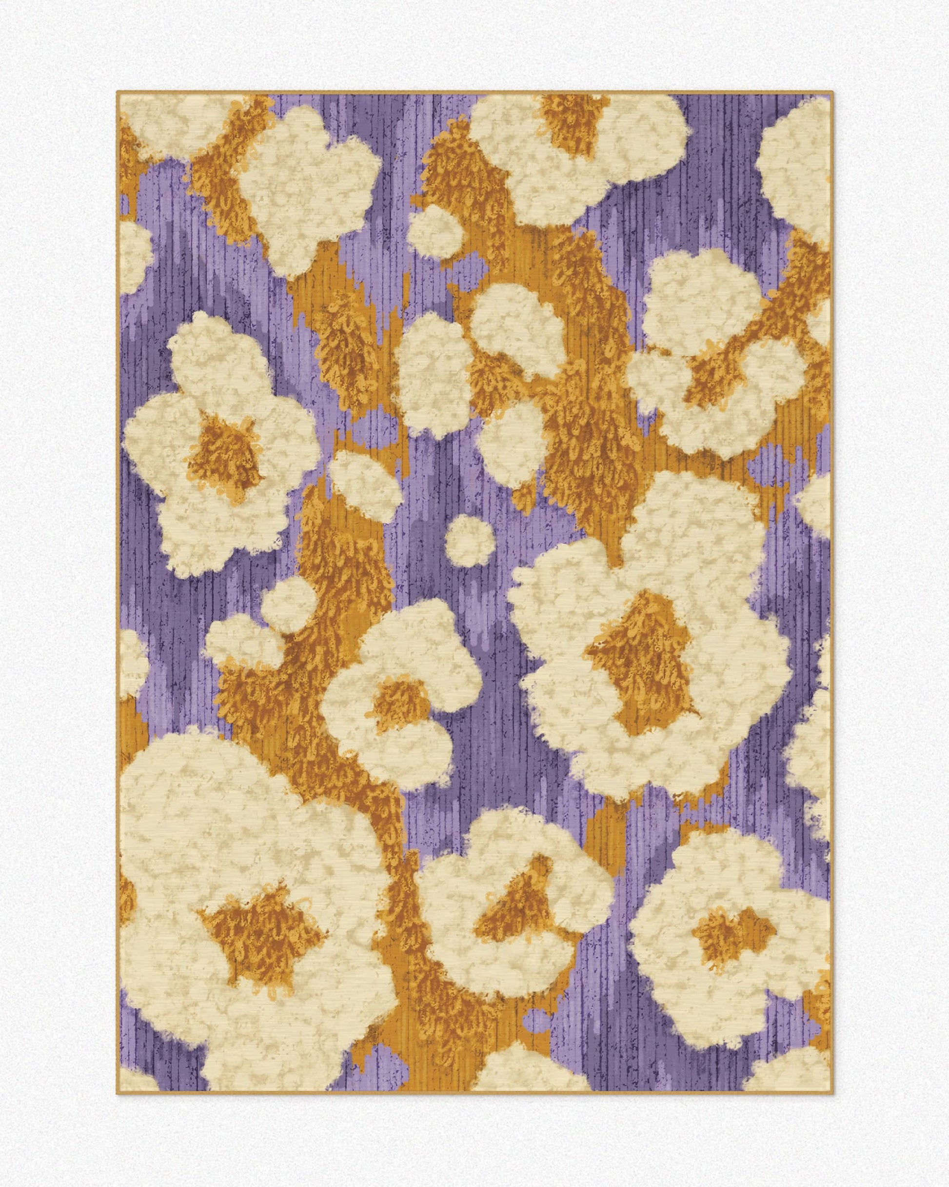 Purple, colorful area rug, 5x7 ft, with a cute, abstract yellow floral popcorn design set against a light beige background, highlighting its maximalist, playful, Memphis aesthetic for vivid bedroom.