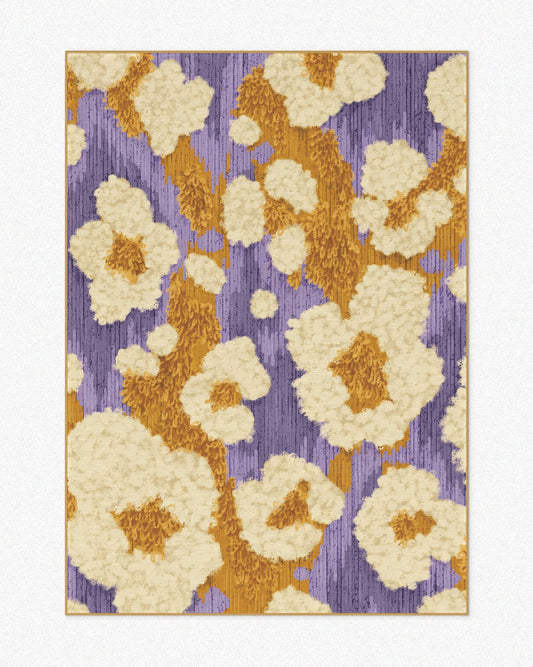 Purple, colorful area rug, 5x7 ft, with a cute, abstract yellow floral popcorn design set against a light beige background, highlighting its maximalist, playful, Memphis aesthetic for vivid bedroom.