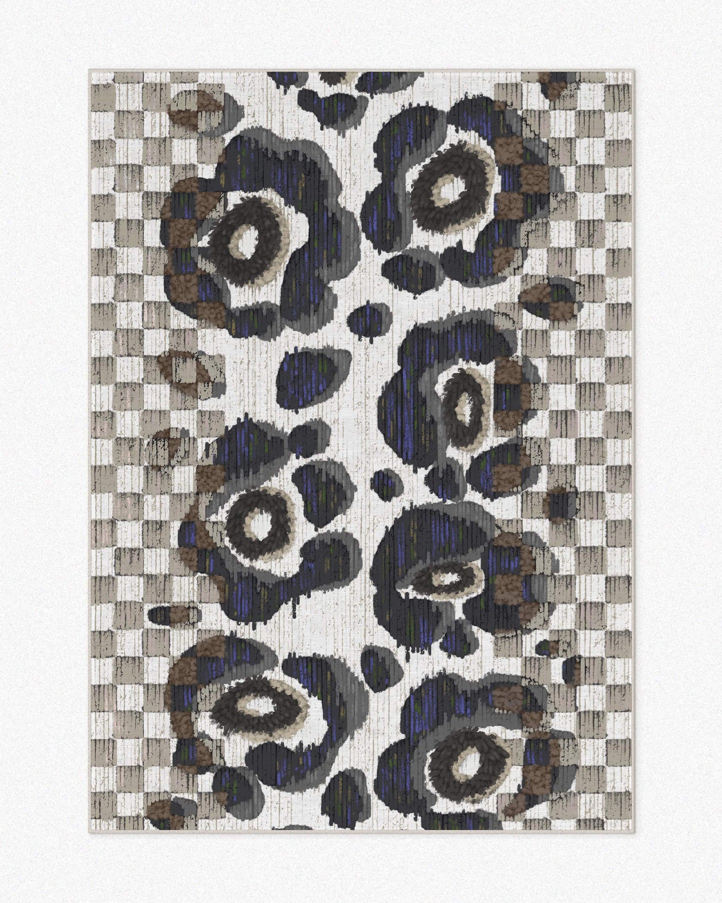 Floral checkers area rug 5x7 with floral patterns in black, off white, and beige hues set against a light beige background, highlighting its mid century modern aesthetic.