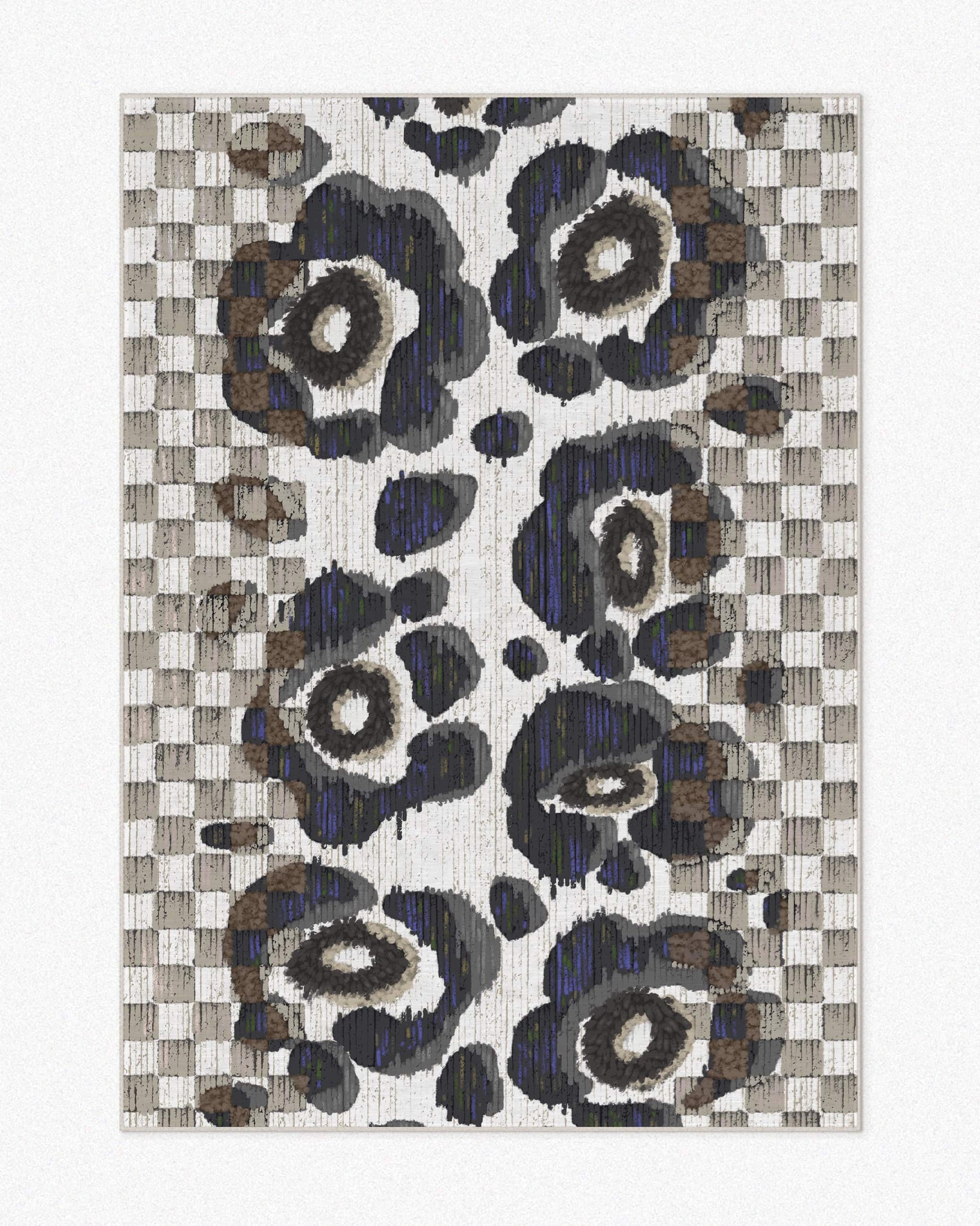 Floral checkers area rug 5x7 with floral patterns in black, off white, and beige hues set against a light beige background, highlighting its mid century modern aesthetic.