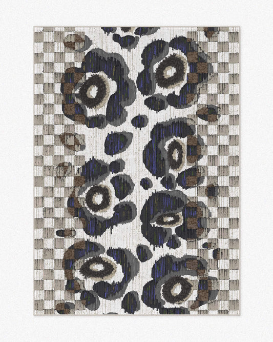 Floral checkers area rug 5x7 with floral patterns in black, off white, and beige hues set against a light beige background, highlighting its mid century modern aesthetic.