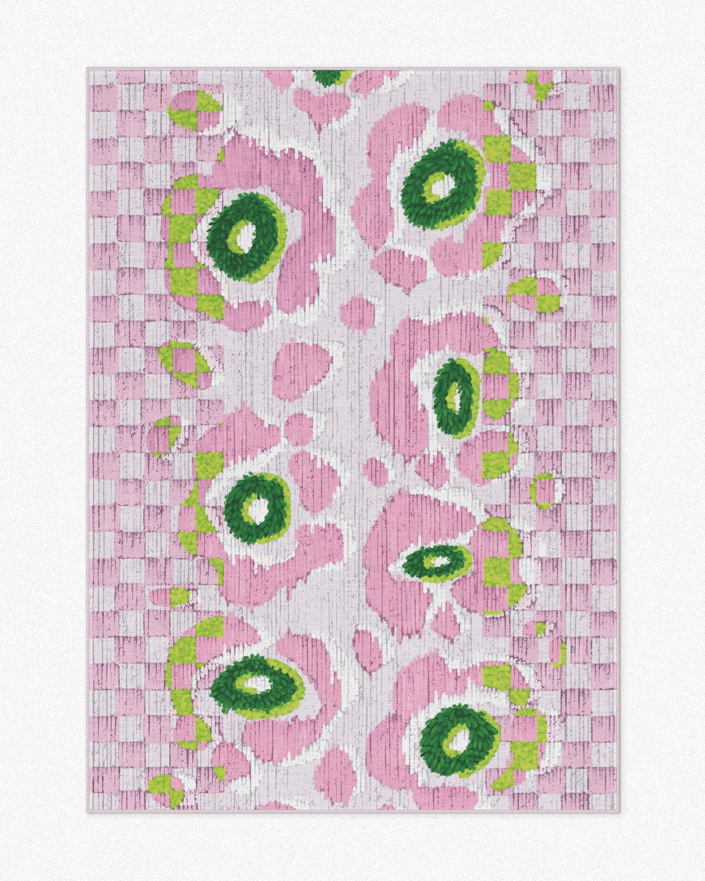 A pink and green floral checkered rug, 5x7 ft, with a resemblance to leopard floral patterns, set against a light beige background, highlighting its contemporary, playful, and eclectic aesthetic. Unique area rug for a maximalist and pink apartment.