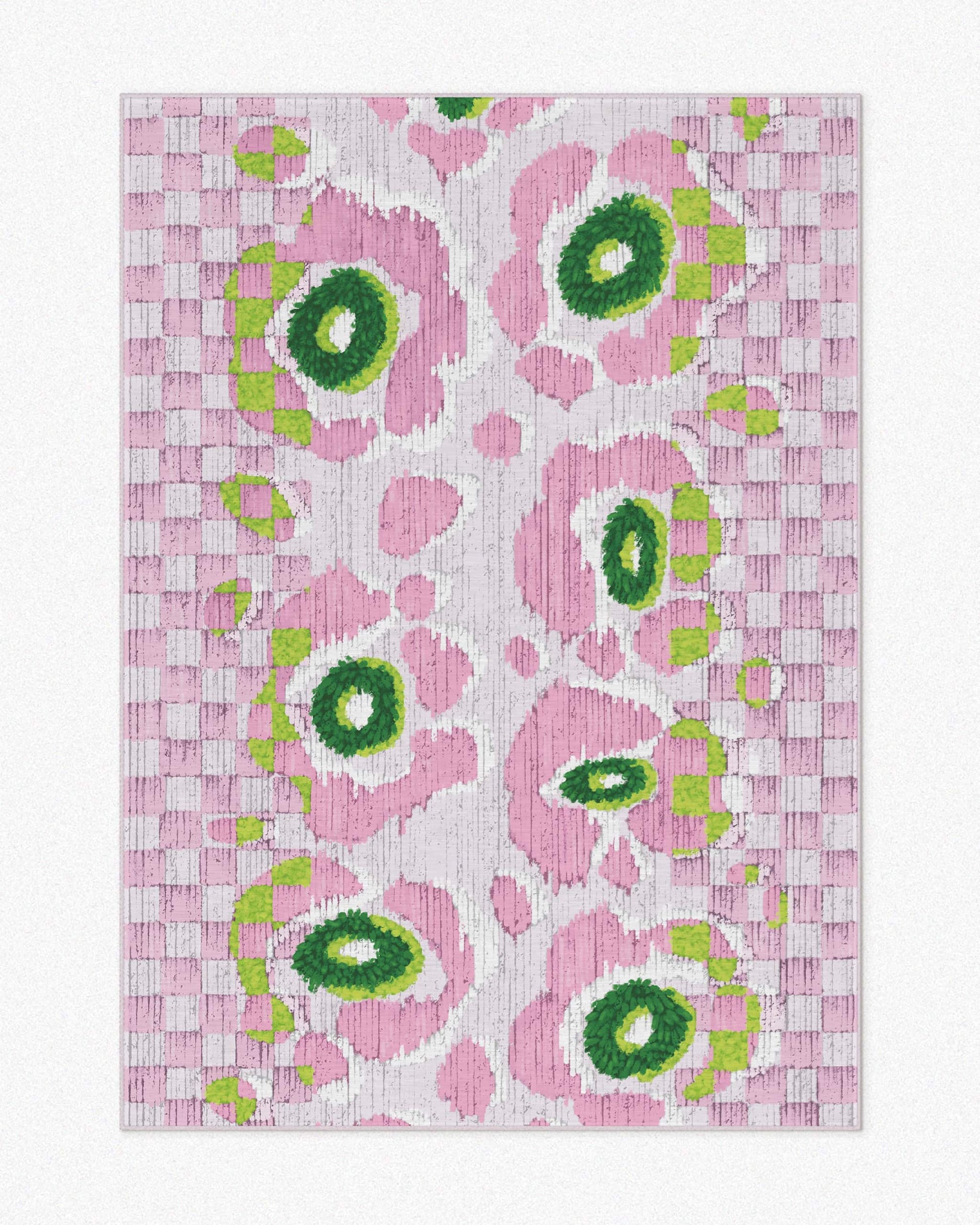 A pink and green floral checkered rug, 5x7 ft, with a resemblance to leopard floral patterns, set against a light beige background, highlighting its contemporary, playful, and eclectic aesthetic. Unique area rug for a maximalist and pink apartment.