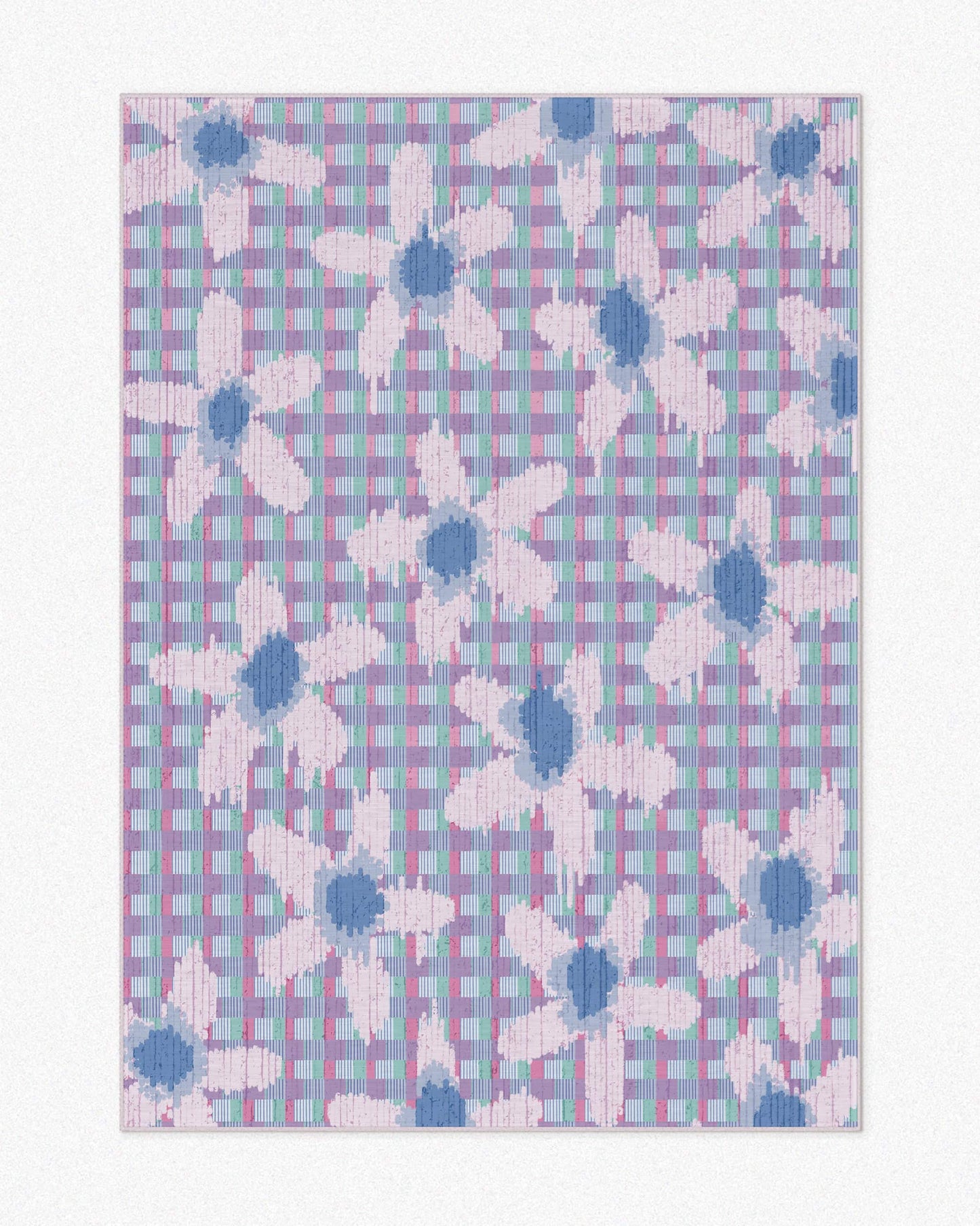 The pastel purple floral checkered rug, 5x7 ft, set against a neutral background, perfect soft girl home decor items for a buttercream style and soft cream tone living room and bedroom.