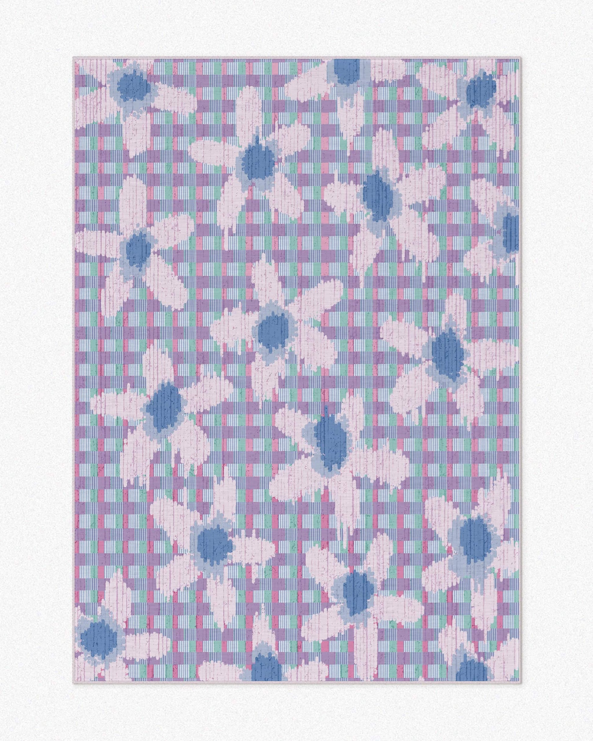 The pastel purple floral checkered rug, 5x7 ft, set against a neutral background, perfect soft girl home decor items for a buttercream style and soft cream tone living room and bedroom.