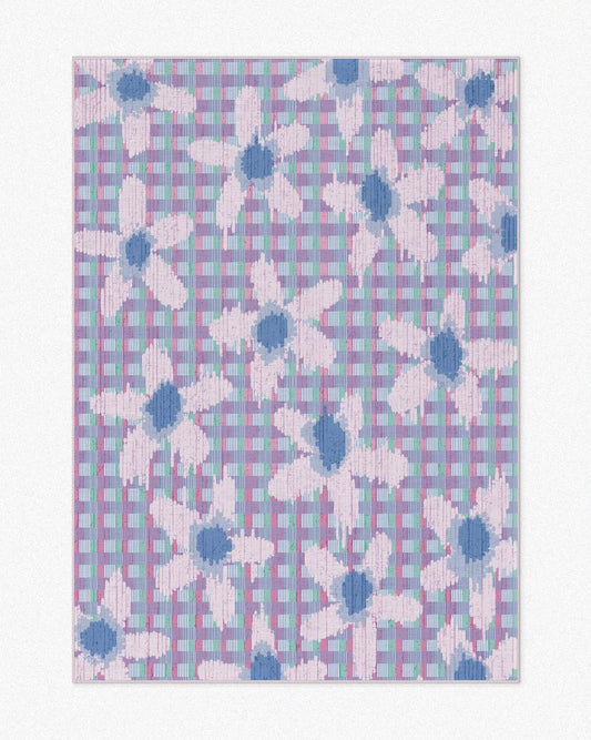 The pastel purple floral checkered rug, 5x7 ft, set against a neutral background, perfect soft girl home decor items for a buttercream style and soft cream tone living room and bedroom.
