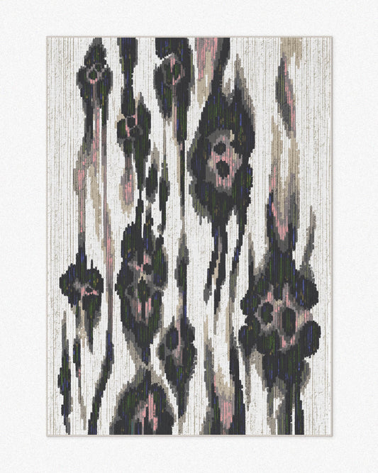 Black and white abstract rug 5x7 featuring leopard patterns, set against a neutral beige background, highlighting its mid century modern and playful aesthetic.