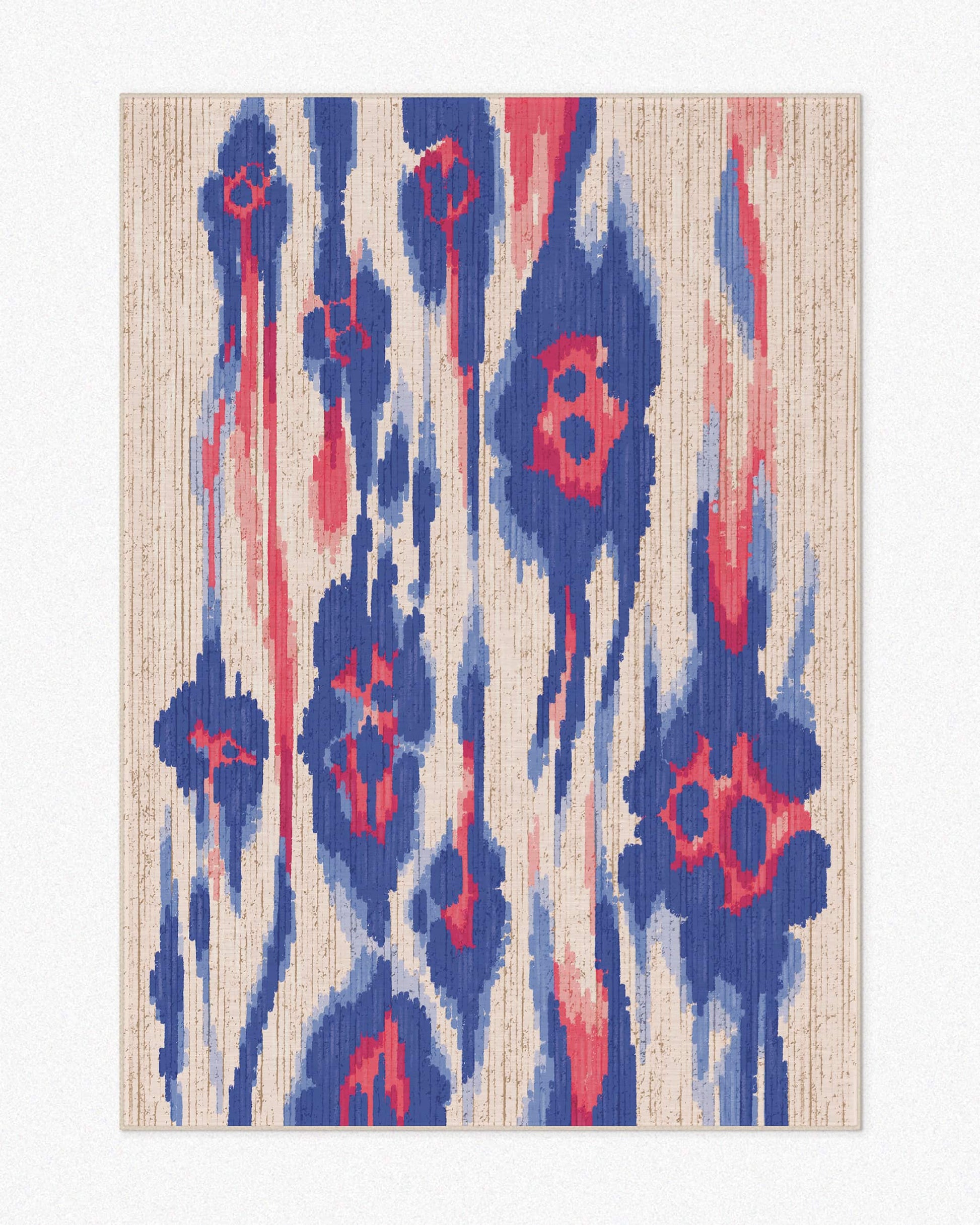 Beige colorful abstract area rug 5x7 ft, featuring red and blue hues with leopard patterns, set against a neutral beige background, highlighting its eclectic and playful aesthetic for dopamine home.